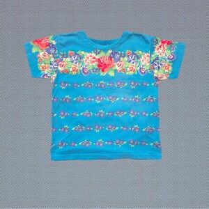 Vintage LizSport Aqua Turquoise Blue Short Sleeve Retro Grandma Flower Tee